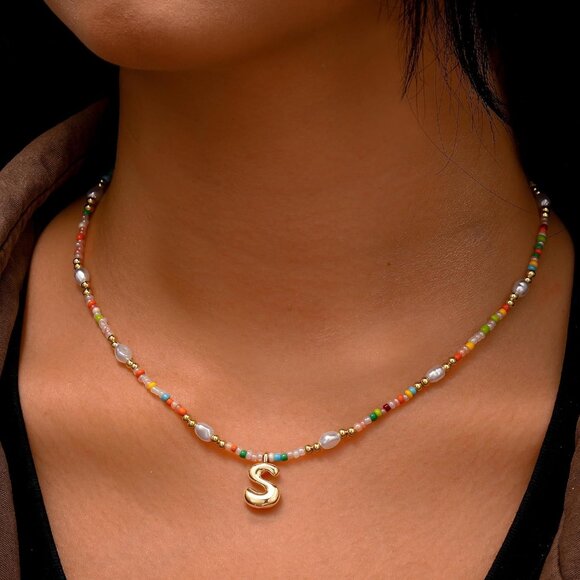 Beautiful Initial Necklace for Girls - Colorful Pearl & Gold Pendant Design - Picture 3 of 7